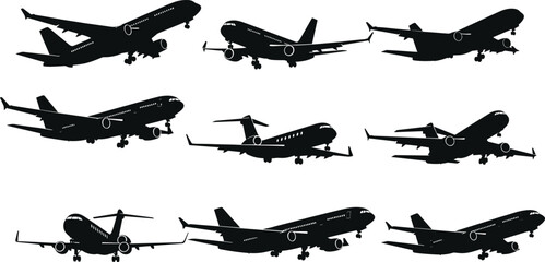 Airplane silhouette, aircraft icon, aviation design, jet plane vector, flying aircraft, black airplane, aerodynamics, aviation clipart, travel graphic © Mind Art