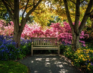 Spring garden bench with colorful flowers