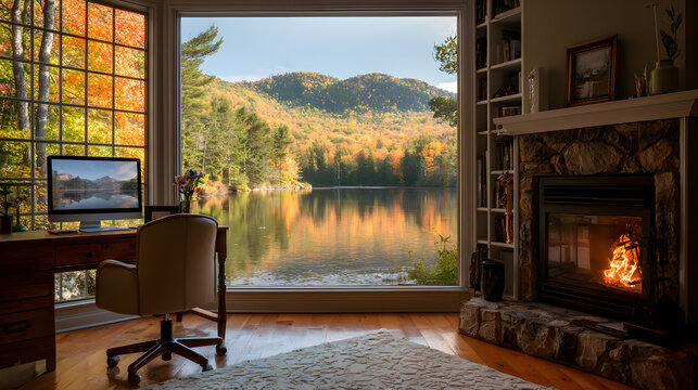 An online webinar virtual meeting background showing a beautiful scenic fall lake and a cozy fireplace in an interior room, suitable for a retirement home office with a computer desk. The view from