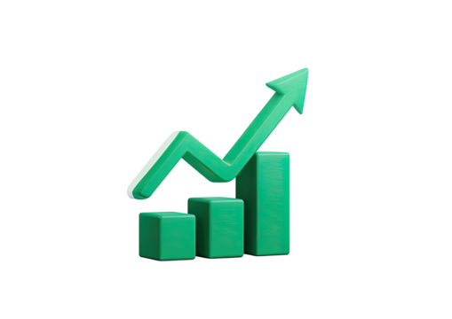 3D graphic of a green upward trending bar chart.  A teal/mint green upward-pointing arrow on top of three stacked rectangular blocks,  creating a visual representation of growth or increase