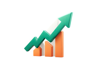 3D graphic of an upward trending bar graph.  Bright orange and teal colored bars and arrow.  Modern, stylized, and growth-oriented