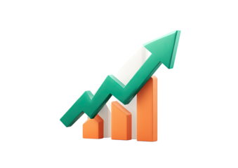 3D graphic of an upward trending bar graph.  Bright orange and teal colored bars and arrow.  Modern, stylized, and growth-oriented