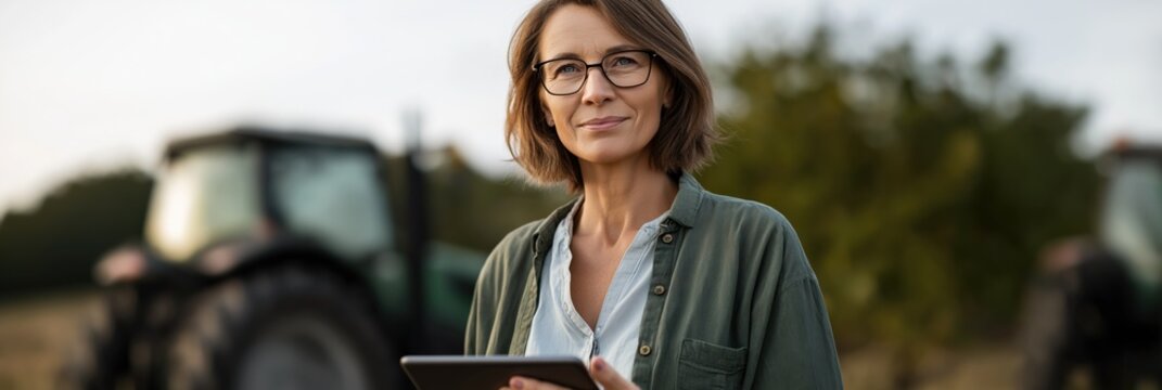 Caucasian mature female farmer with tablet in rural setting
