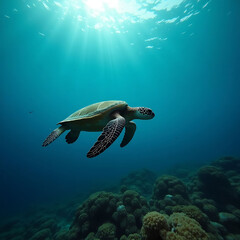 Obraz premium Majestic Sea Turtle Soaring Through the Azure Depths