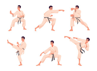 Karate. Male person in action poses in martial arts karate punch of hands and legs exact vector cartoon illustrations