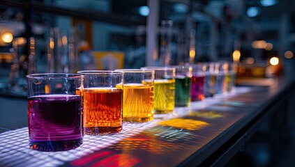Colorful liquids in beakers on a lab bench (1)