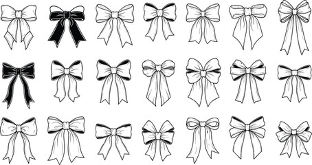 Fototapeta premium Bow illustrations, decorative design, ribbon shapes, black and white bows, loop styles, tail , gift decoration, outline bow, solid bow, , , bow collection, ornament vector, icon, , bow pattern,