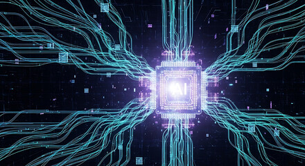 Intricate digital illustration of an AI processor with interconnected neural pathways and data flow.