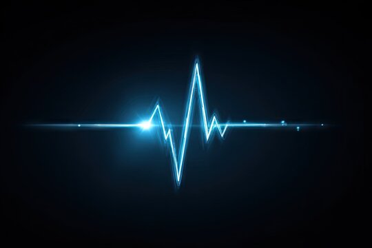 A glowing, light-blue EKG tracing against a black backdrop