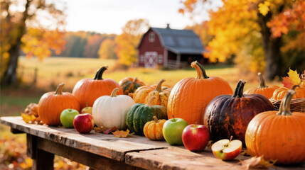 Autumn abundance: colorful pumpkins, apples and a rustic landscape in golden autumn tones