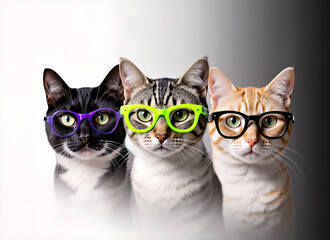 Musical team: three cats in colorful glasses sing to musical notes — a funny and creative portrait