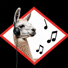 Llama listens to music with headphones — funny and stylish art design