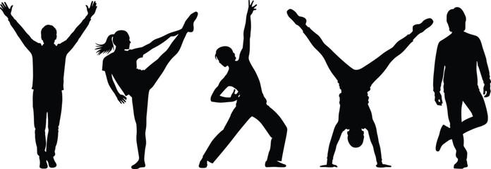 Dance silhouettes, gymnastic poses, human movement, black figures, dynamic posture, flexibility, body shapes, artistic motion, fitness concept, silhouette dancers, expressive form, acrobatic stance,  