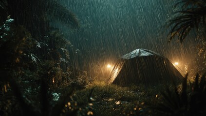 Dark, rainy jungle scene with a tent