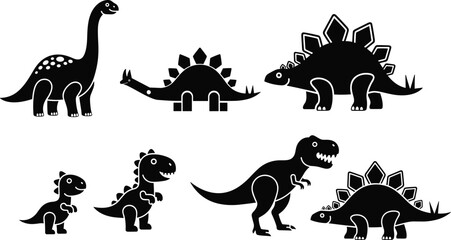 Dinosaur silhouettes in black and white, Brachiosaurus, Stegosaurus, Tyrannosaurus, Triceratops icons, prehistoric animal vector set for design © Mind Art