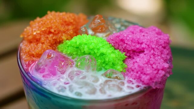 Refreshing Colorful Tub Tim Krob Dessert with Ice, Coconut Milk and Water Chestnut
