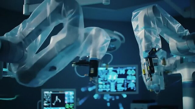 Robotic surgery arms in operating room, monitors in background; medical technology