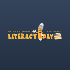 International literacy day with books, pencil on blue background