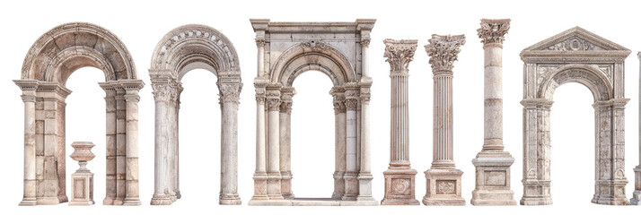 A collection of ornate stone arches and columns.  Various architectural elements, including arches, pillars, and decorative details, arranged horizontally.  Light gray stone appearance