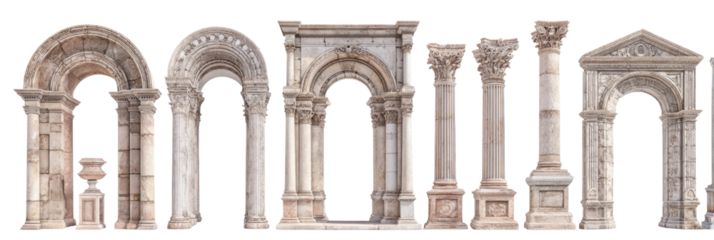A collection of ornate stone arches and columns.  Various architectural elements, including arches, pillars, and decorative details, arranged horizontally.  Light gray stone appearance