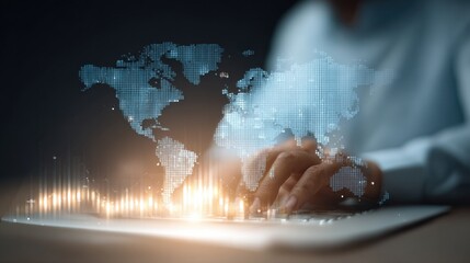A person is typing on a keyboard with a globe in the background