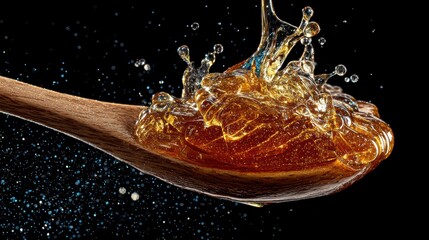 Golden syrup splashing on wooden spoon for honey brands, confectionery packaging, dessert recipes, gourmet food campaigns, culinary editorial

