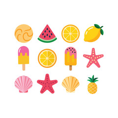 Colorful Summer Icons of Fruits, Ice Cream, Shells, Starfish, and Tropical Elements for Vacation, Beach, Travel, Party, and Warm Weather Designs.