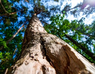 Fototapeta premium Majestic pine tree reaching for the vibrant blue sky in a lush forest perfect for nature lovers