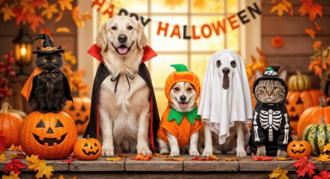 Pets Celebrate Halloween in Colorful Costumes Surrounded by Pumpkins and Autumn Decorations During a Festive Gathering