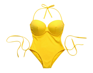 Bright yellow one-piece swimsuit with halter neck ties and side strings on transparent background for summer fashion and beachwear concepts.
