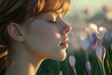 Fototapeta premium A young woman's profile, serene and surrounded by spring flowers.