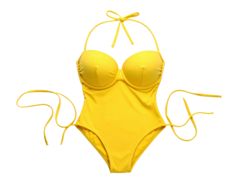 Bright yellow one-piece swimsuit with halter neck ties and side strings on transparent background for summer fashion and beachwear concepts.