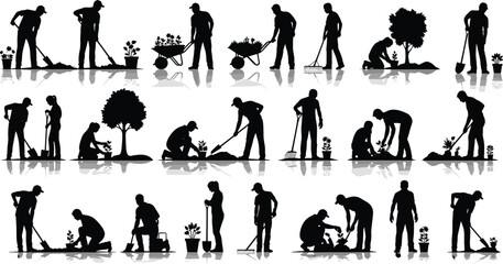 Gardening silhouettes, people planting, digging, watering, raking, wheelbarrow use, garden tools, horticulture activity, landscaping work, black silhouettes, outdoor labor, plant care, garden 