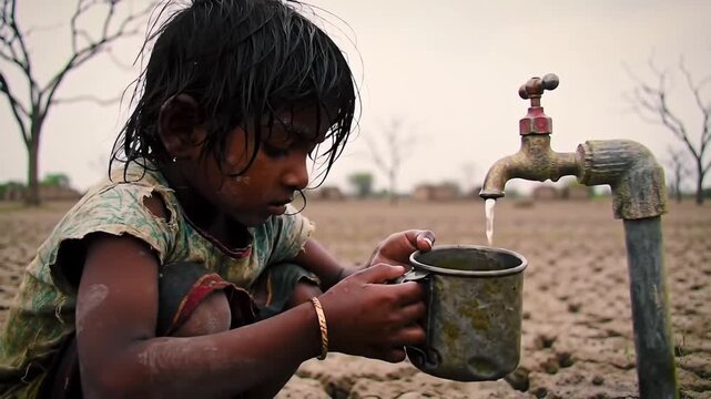 A powerful image of a thirsty young child in a developing country filling her cup with water from a tap in a dry, arid landscape, a poignant concept of drought, survival, and water crisis.