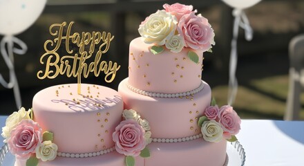 Three-tier pastel pink fondant birthday cake with gold edible pearls, sugar roses, and personalized calligraphy topper, placed on a glass cake stand with soft daylight highlighting textures.