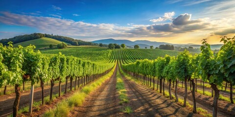 Fototapeta premium Serene Vineyard Rows at Sunset, Lush Green Vines Under a Golden Sky, Peaceful Agricultural Landscape