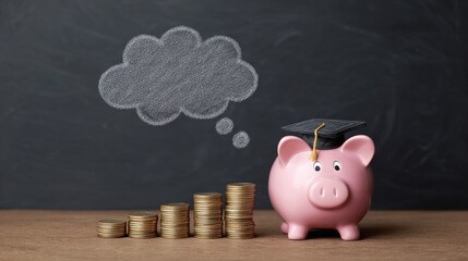 A piggy bank with a stack of coins on top of it and a chalkboard with a cloud