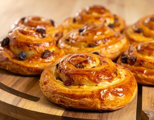 Delicious golden brown raisin pastries on wooden board offer tempting breakfast or bakery appeal
