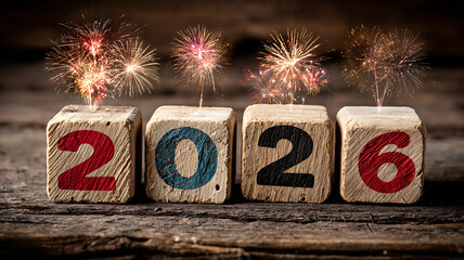 Wooden blocks showing 2026 digits with fireworks on top and rustic wooden table background