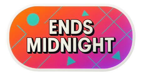 Vibrant oval sticker with ENDS MIDNIGHT offer in bold lettering, striking retail discount promo on transparent background.