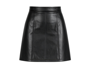 Black leather mini skirt with high waist and structured seaming on transparent background.