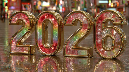Shiny golden 2026 digits with glowing Christmas lights on colorful blurred city celebration