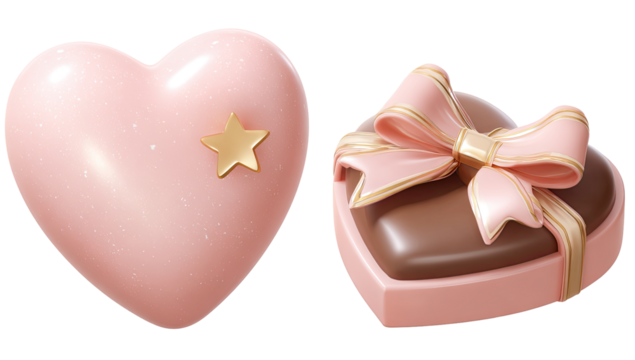 Two heart-shaped treats, one pink solid heart, one a pink heart-shaped chocolate box