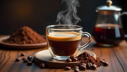 A steaming glass cup being filled with hot coffee, with a focus on the swirling liquid. The background includes a pile of roasted coffee beans, coarse ground coffee, and a classic geyser maker