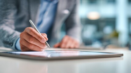 Athlete midway through signing a digital certificate on a sleek tablet medium shot with focused hand and blurred office environment to convey authenticity.