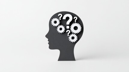 A black and white image of a head with a question mark on it