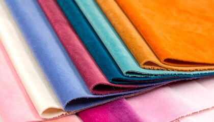 A collection of vibrant, textured fabrics in various shades, arranged in stacked layers.