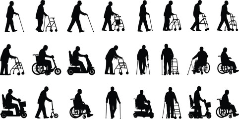 Mobility aid silhouettes, wheelchair users, walking cane, walker support, scooter mobility, disabled people, physical assistance, black vector, healthcare icon