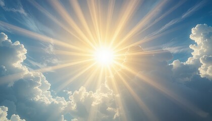 Radiant sunburst through dramatic clouds, casting golden rays across a bright blue sky, symbolizing hope and new beginnings
