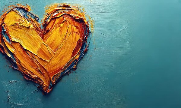 Heart-shaped impasto painting in warm ochre and teal